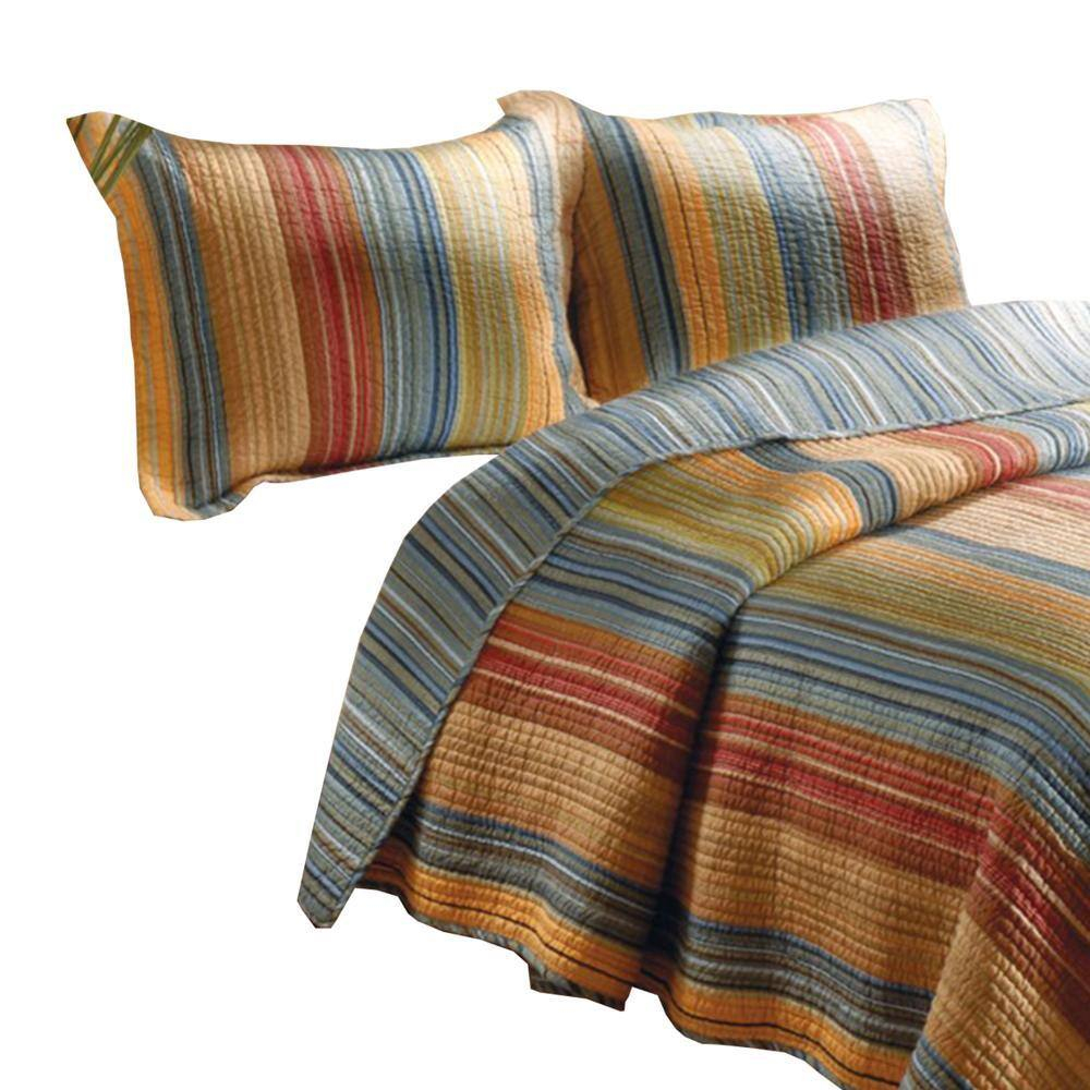 Benjara Huascaran 3 Piece Fabric Queen Size Quilt Set with Channel Stitching, Multicolor