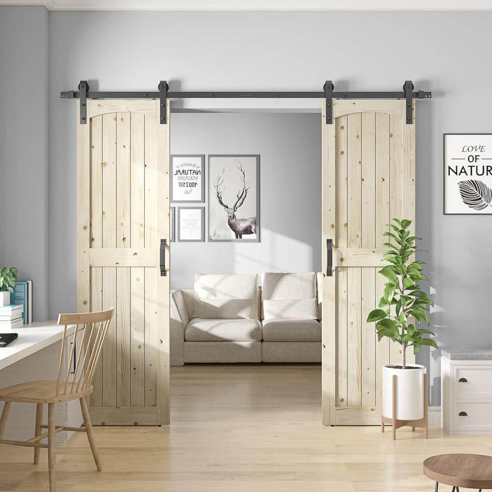 Unfinished Knotty Pine Wood Sliding Barn Door with Hardware Kit