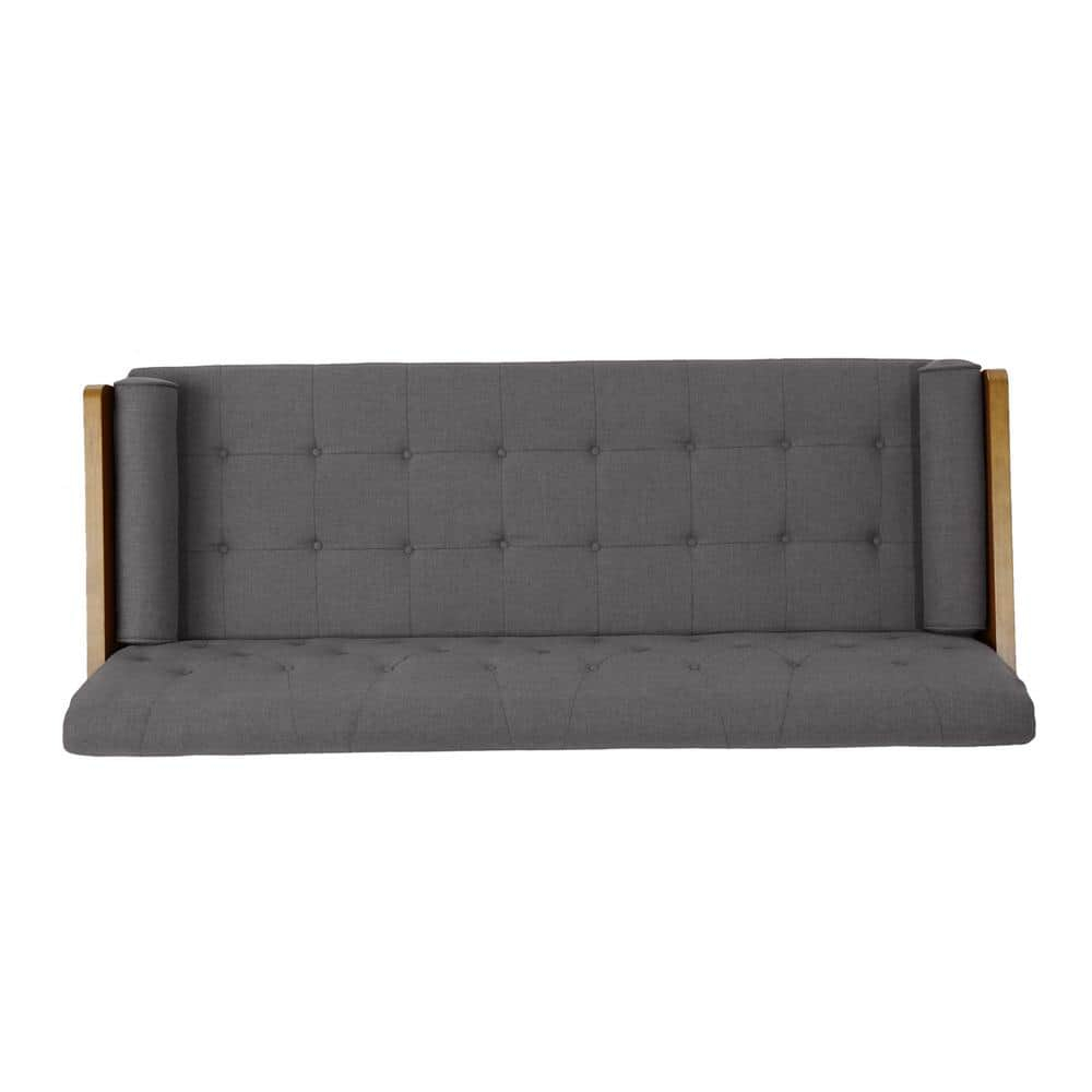 Noble House Nathanial Fabric Tufted Sofa, Grey, Dark Walnut