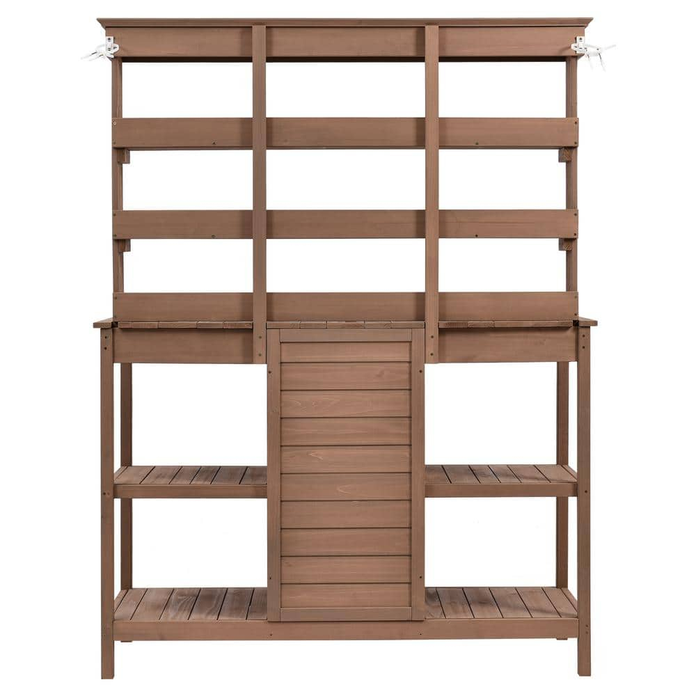 66 in. Brown Fir Wood Outdoor Potting Bench with Drawers