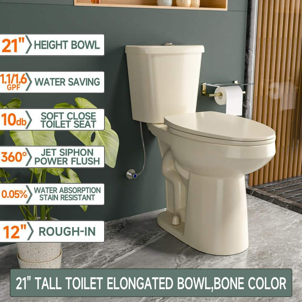 Extra Tall Toilet 21 in. 1.1/1.6 GPF Dual Flush Elongated Tall 2-Piece Toilet in Bone with Quiet-Close Seat for Seniors