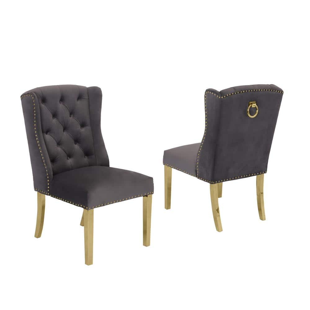 Double Tufted Gray Velvet Side Chairs with Gold Stainless Steel Legs