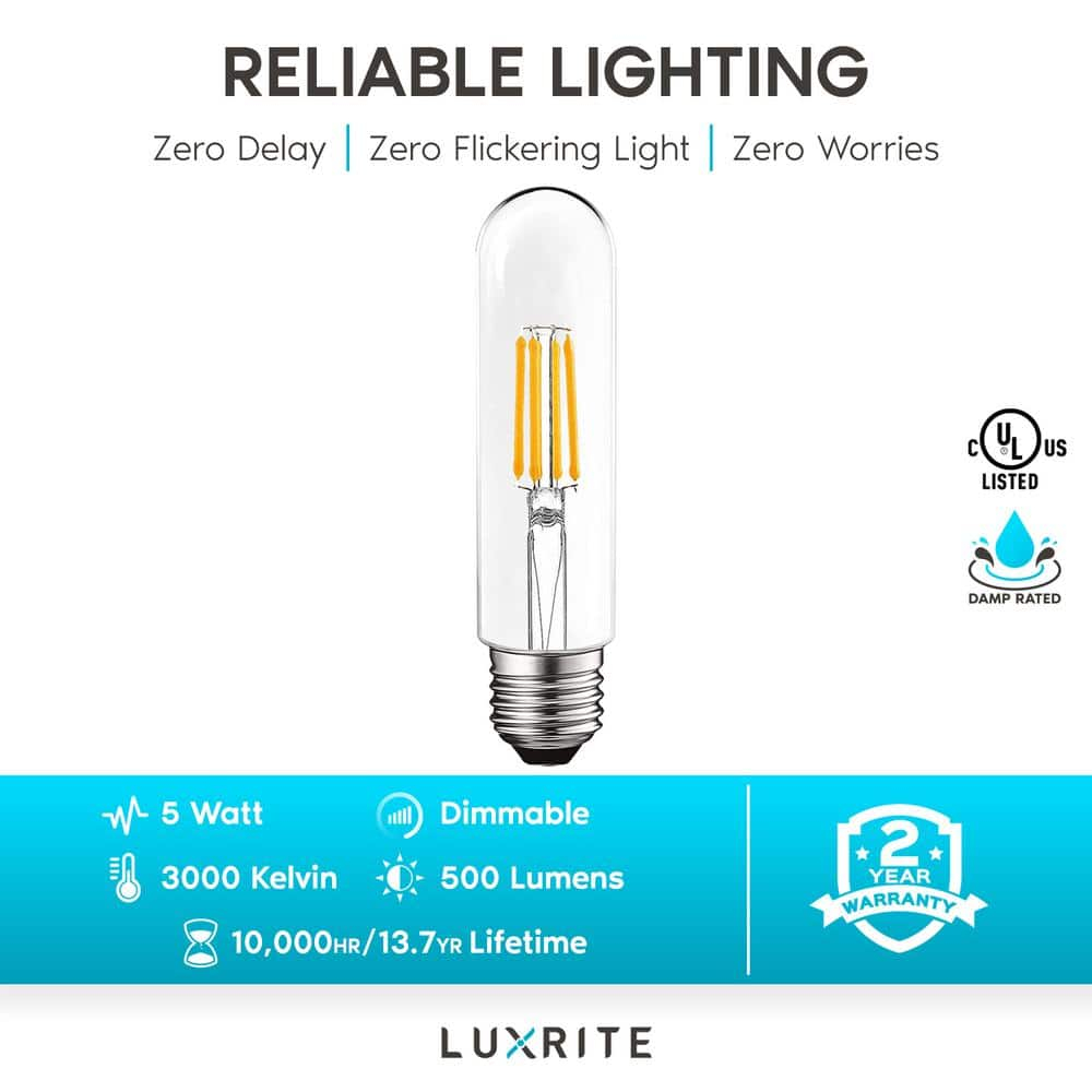 Luxrite 6-Pack T10 LED Bulb 5W=60W 3000K Soft White Edison Bulb 500 Lumens Tubular Light Bulb Damp Rated UL Listed E26