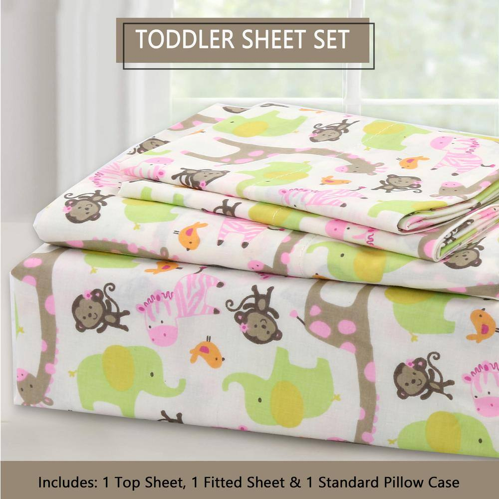 3-Piece Cotton Toddler Sheet Set for Kids Boys & Girls (Animals, Fish, Sports, Floral) Zoo Friends