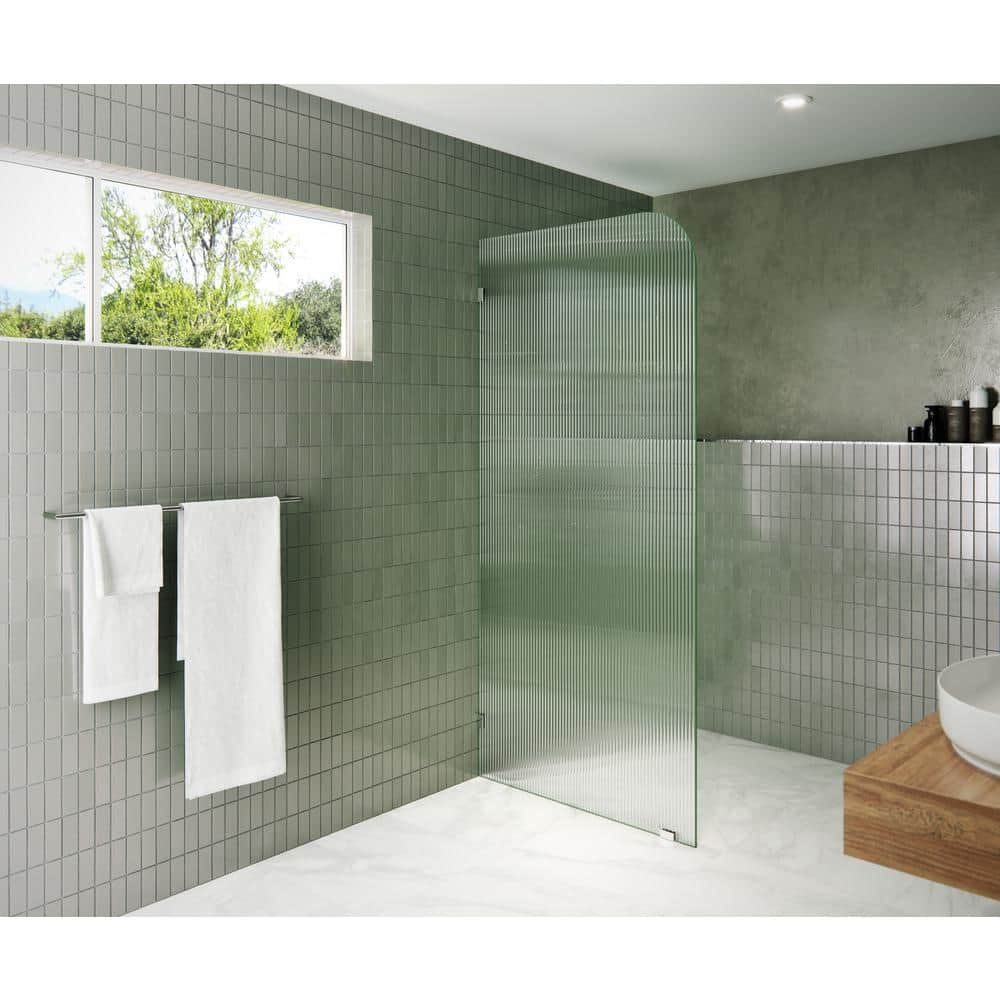 Glass Warehouse  36" x 78" Frameless Shower Door - Single Fixed Panel Fluted Frosted Radius Polished Chrome 36 Inch - Left Chrome Finish