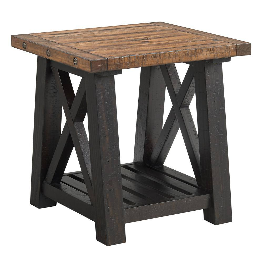 End Table with Slatted Shelf and X Legs, Brown and Black- Saltoro Sherpi