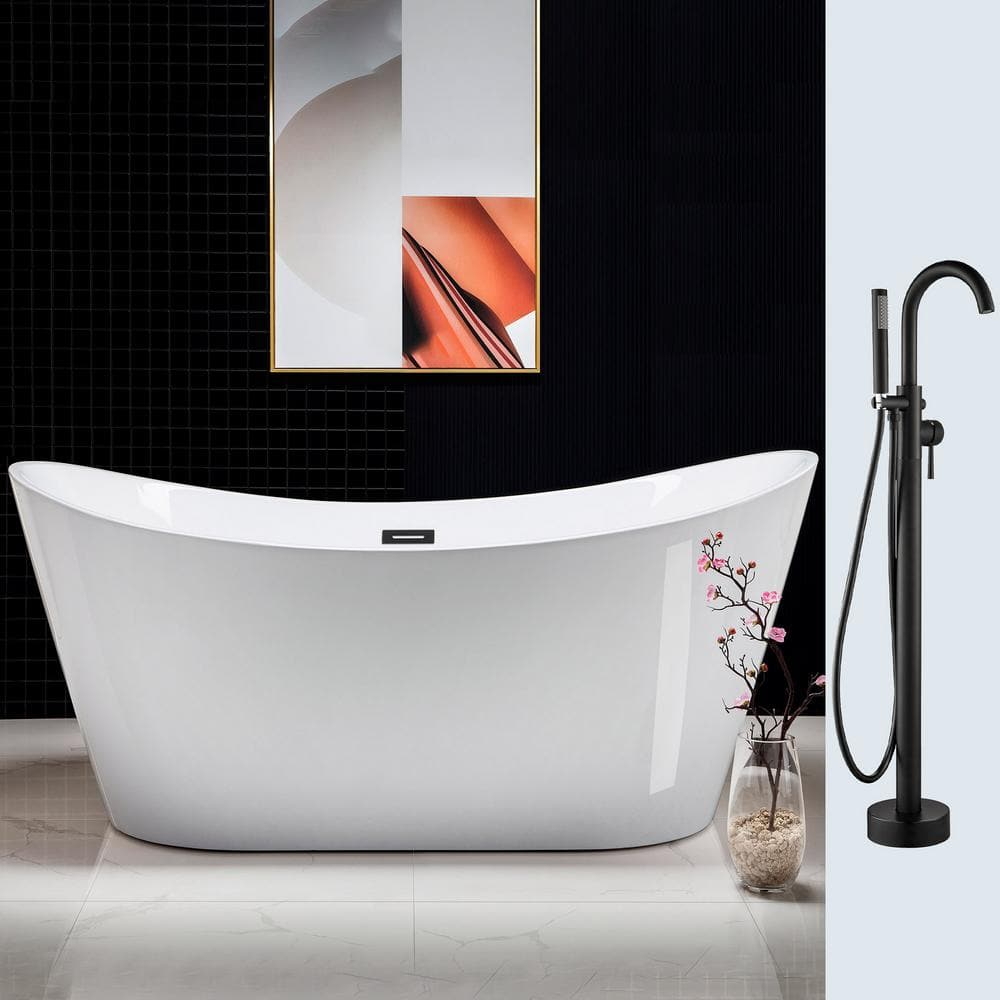WOODBRIDGE 67" Acrylic Freestanding Bathtub Contemporary Soaking White Tub with Matte Black Overflow and Drain,B0010-MB-Drain &O