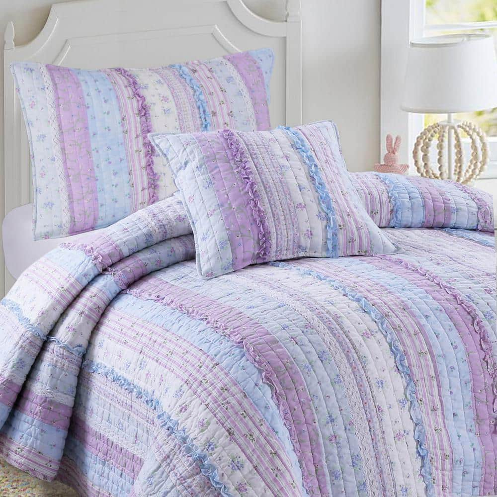 Porch & Den  Gwinnett Chic Lace Quilt Bedding Set Lavender Set with Pillow Cotton Striped,Floral,Patchwork 3 Piece Designer,Cottage,Modern &