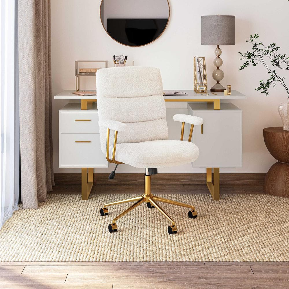 Techni Mobili Elegant Textured Boucle White and Gold Office Chair