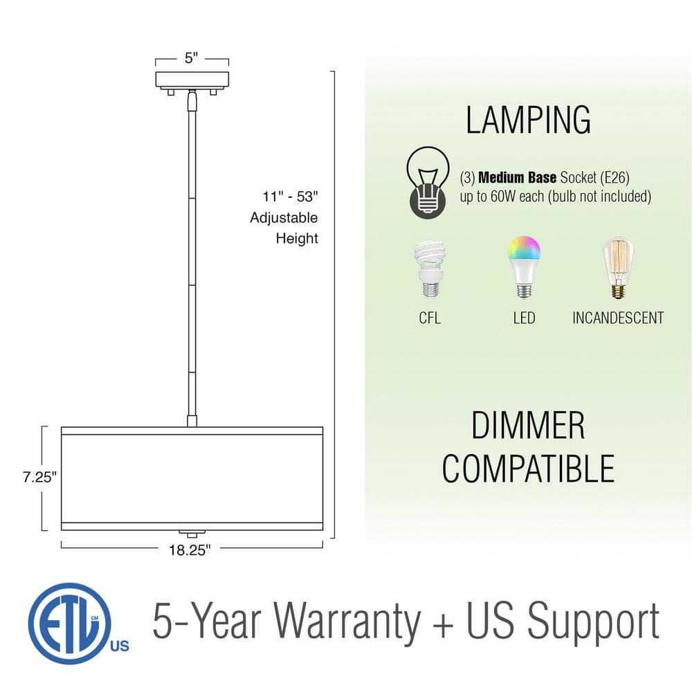 Kira Home Nolan 18" Drum Pendant Chandelier, White Fabric Shade, Round Glass Diffuser, Adjustable Height, Cool Brass