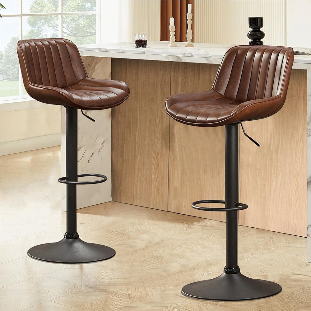 Art Leon Rustic Bar Stools Set of 2, Faux Leather with Backrest Chrome Legs, Upholstered Swivel Kitchen Stools, Cognac