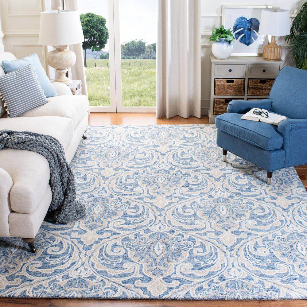 Handmade Medallion Tufted Wool Rug 9' x 12' in Blue and Ivory