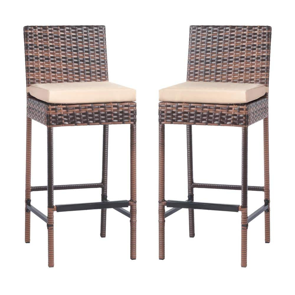 Off-white Cushioned Iron and Rattan Outdoor Bar Stools, Set of 2