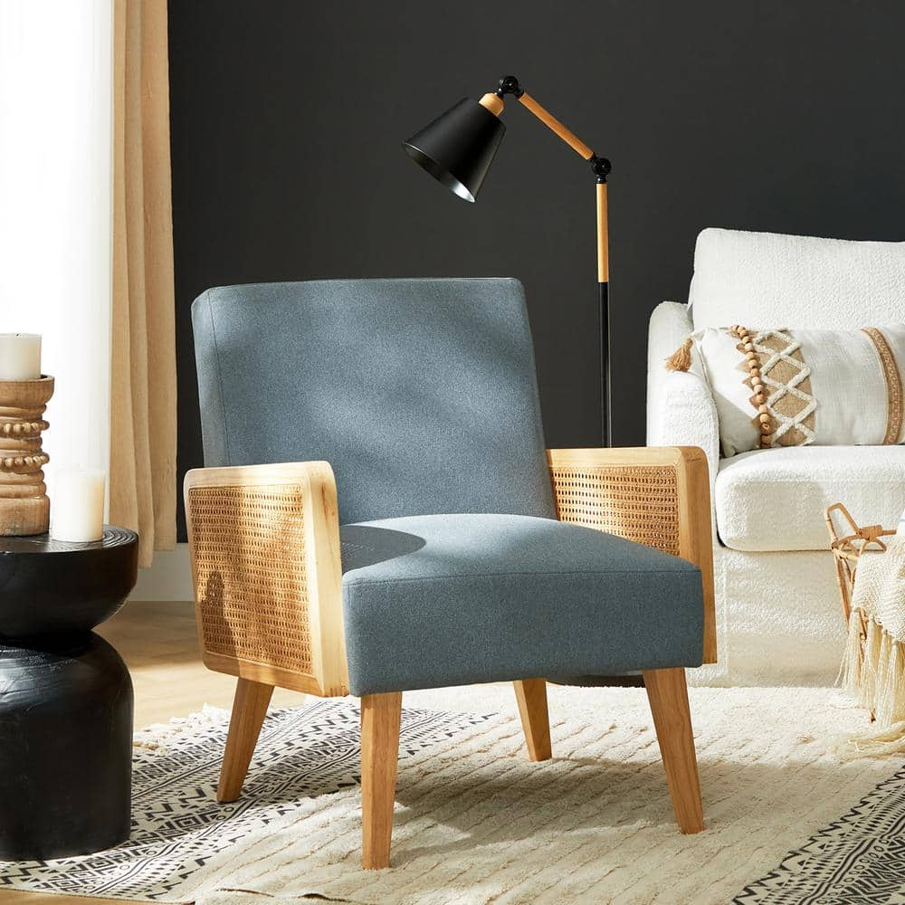 Farmhouse Accent Chair Rattan Armrests Fabric Upholstered Wooden Reading Armchair Living Bedroom Blue