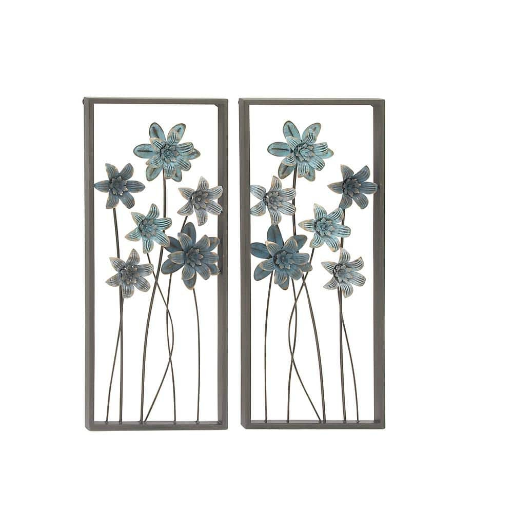 DecMode Gray Metal Floral Wall Decor with Black Frame (2 Count)