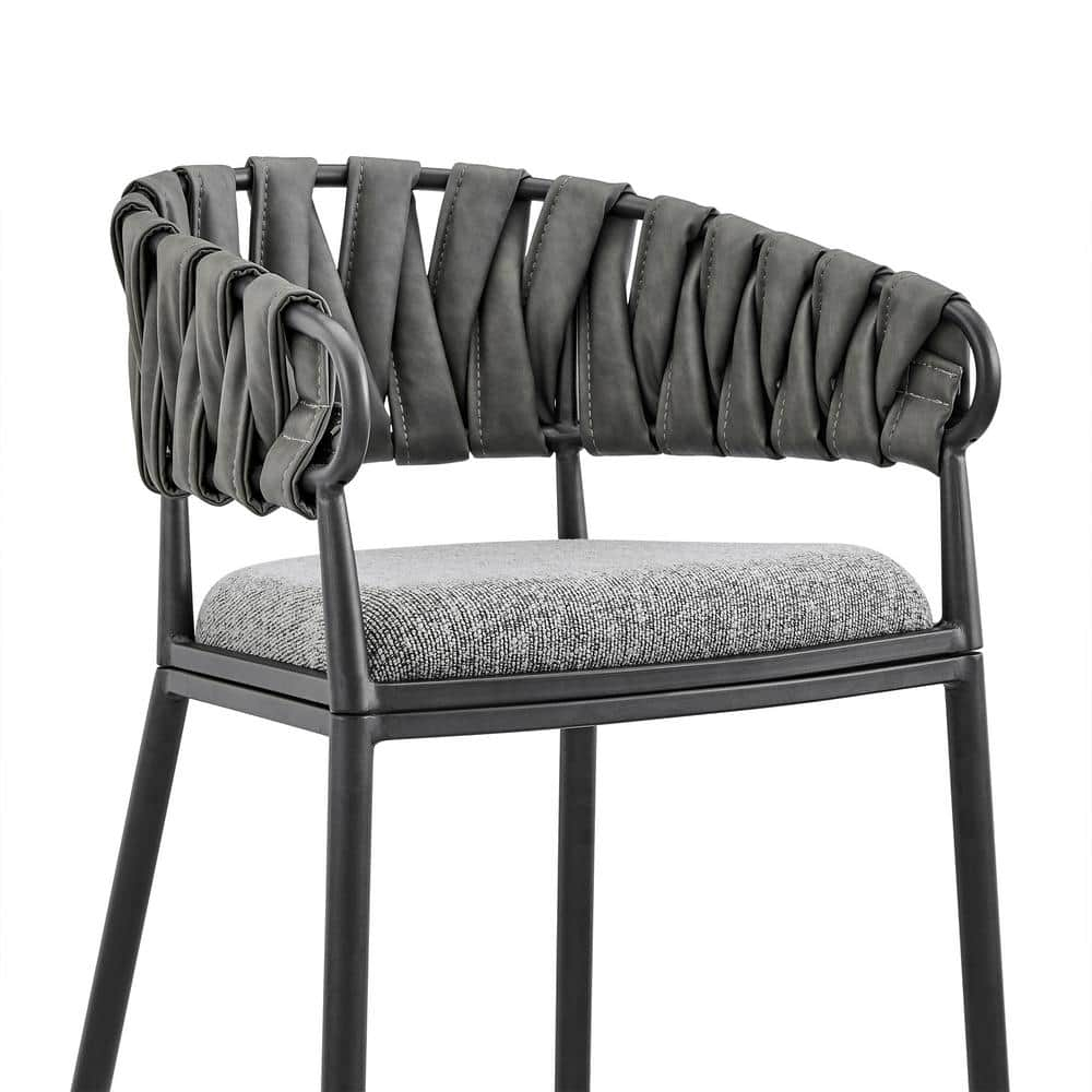 Vigona Counter Stool in Black Metal with Grey Fabric and Faux Leather