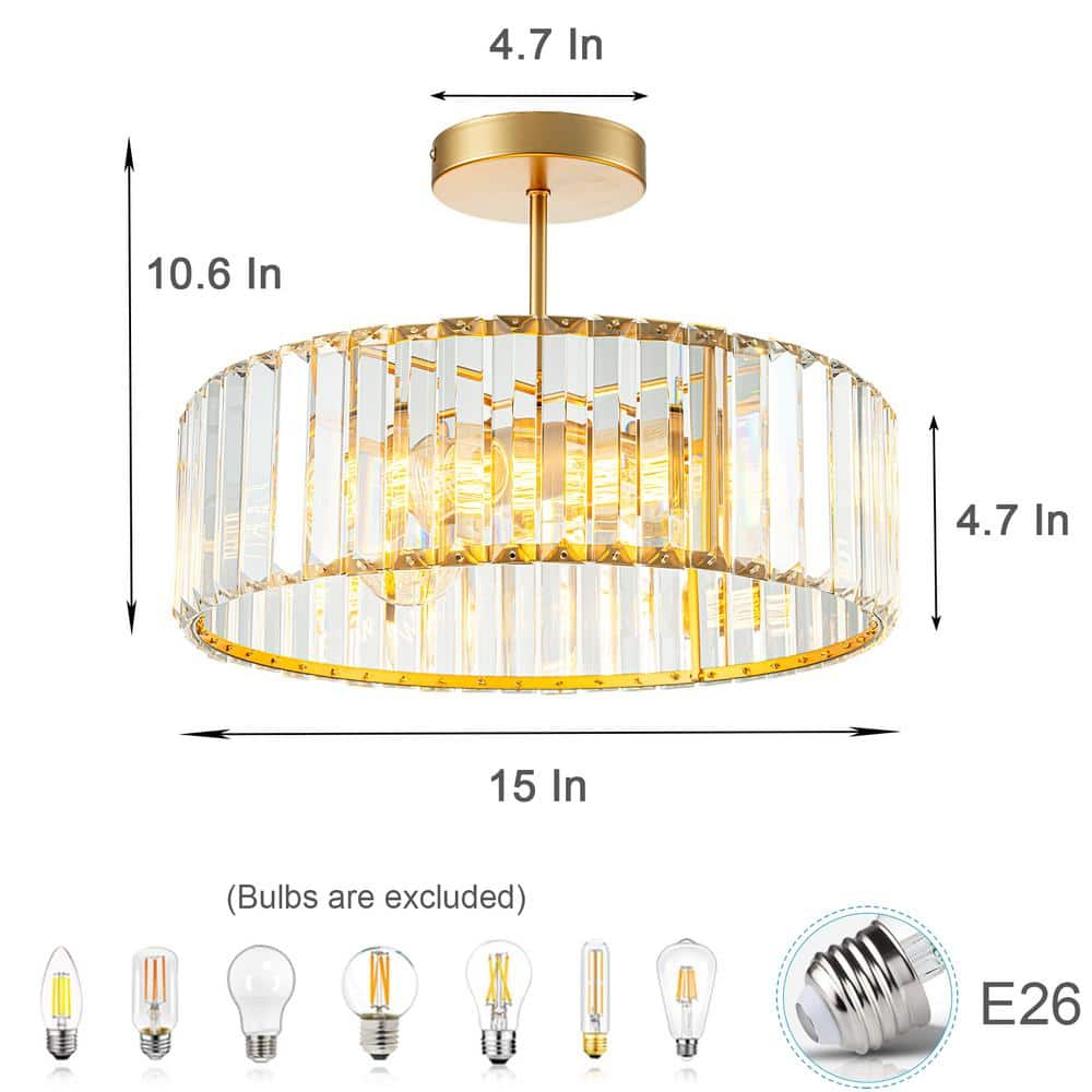 15 in. 3-Light Gold Crystal Semi Flush Mount Ceiling Light with Clear Glass Shade for Living Room No Bulbs Included