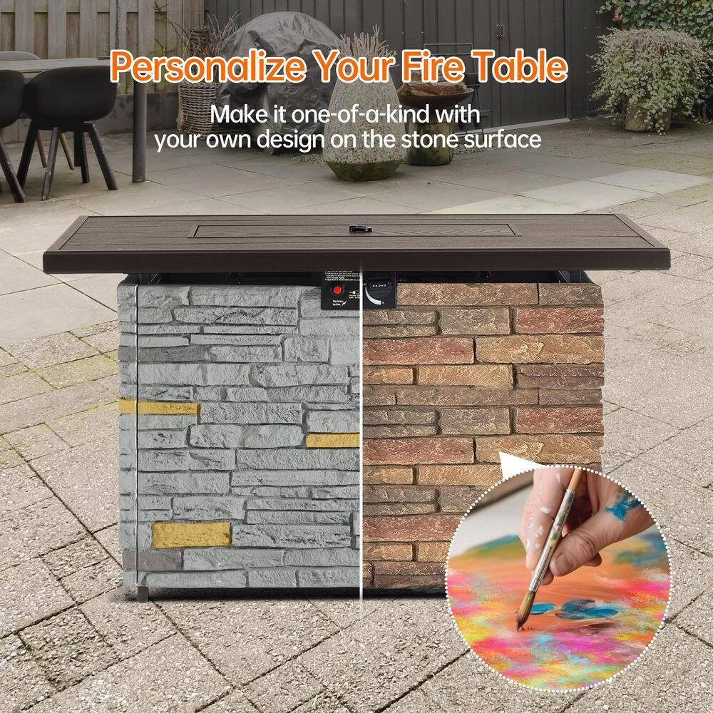 43" Propane Fire Pit Table Outdoor Rectangular Stone Firepit Table 50000 Btu Propane Fire Tables for Outside Patio with Glass Wind Guard, Lid, Fire Glass Beads, Pizzello Caldo (Gray Stone)