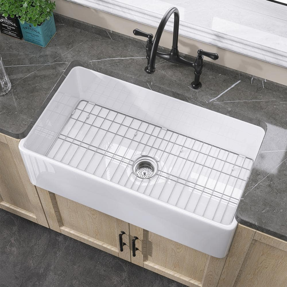 Small Farmhouse Sink 24 X18 White Fireclay Undermount Kitchen Sinks Deep Single Bowl Drop in Modern Apron Front Farm Sink For Kitchen with Protective Bottom Grid and Strainer