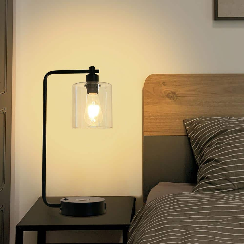 19" Clear Table Lamp with Wireless Charger and Glass Shade
