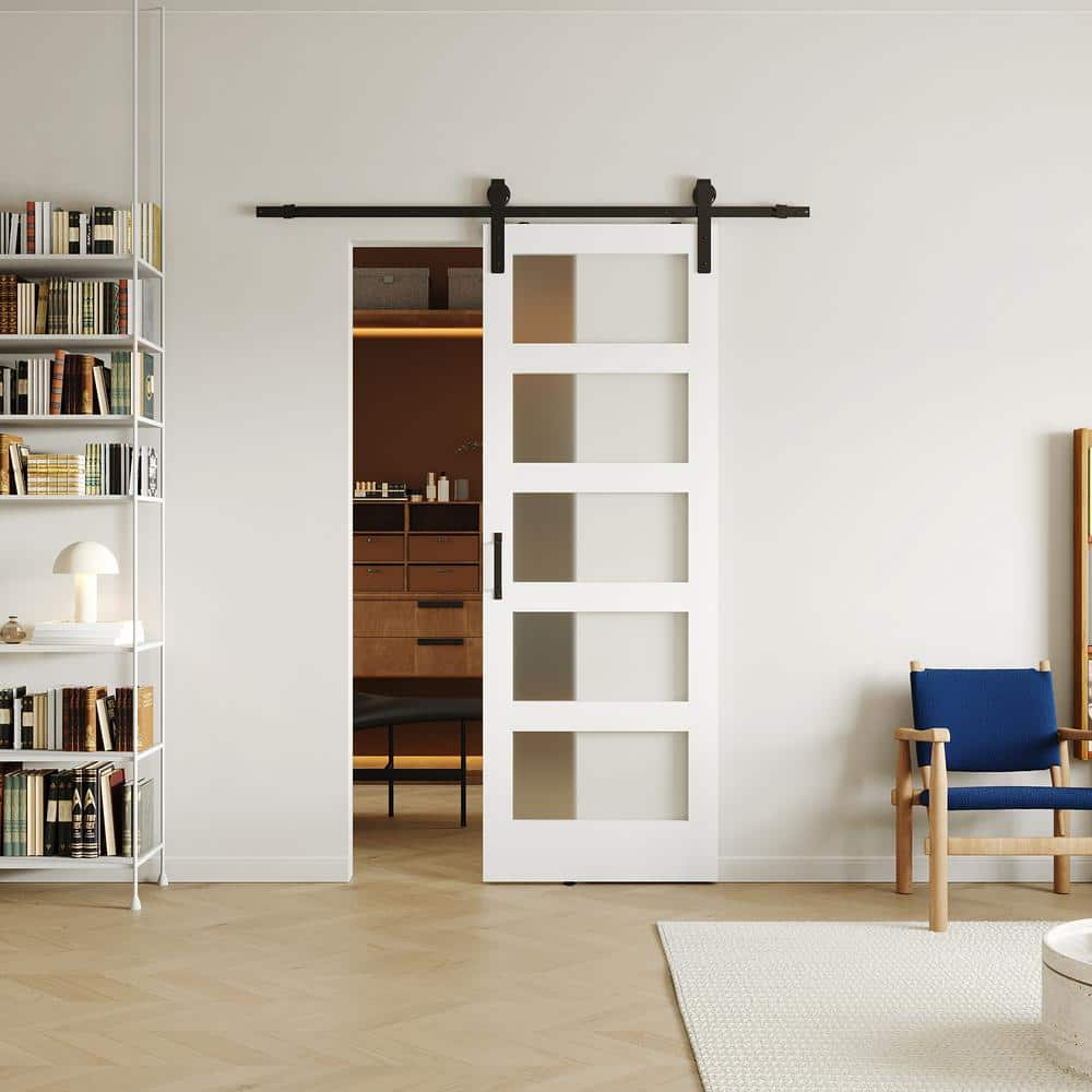 30in x 84in 5-Panel Sliding Glass Barn Door with 5ft Hardware Kit Included, Easy Assembly with Pre-Drilled Holes, Waterproof, Frosted Glass for Bathroom-Fit Max Opening 28in x 82in, White