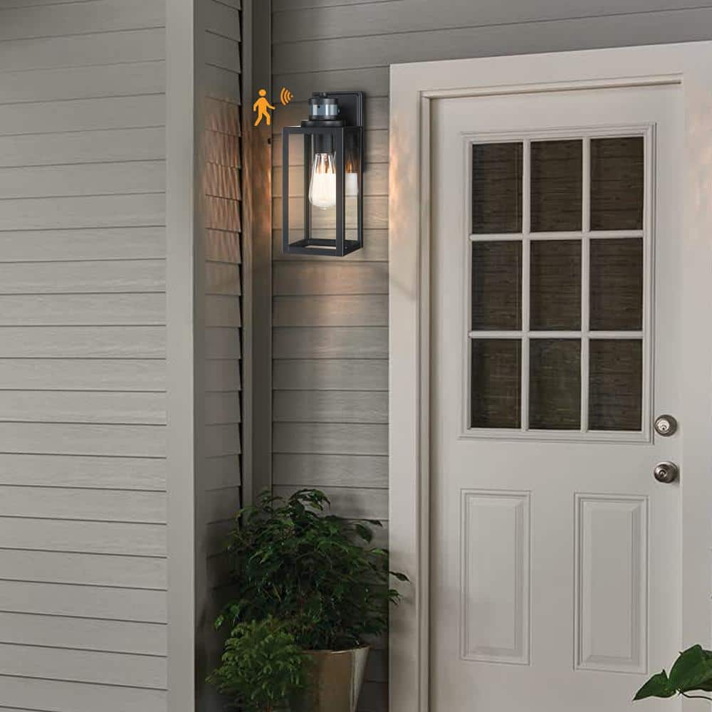 12 in. 1-Light Matte Black Motion Sensing Dusk to Dawn Outdoor Wall Lantern Sconce Sensor
