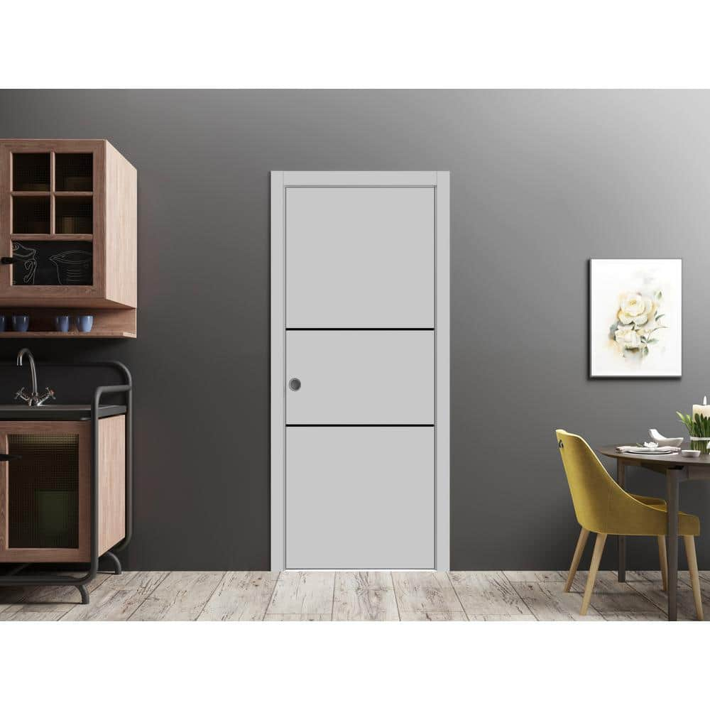 Sliding French Pocket Door 36 x 80 inches with | Planum 0014 Grey Ash with Frosted Glass | Kit Trims Rail Hardware | Solid Wood Interior Bedroom Sturdy Doors