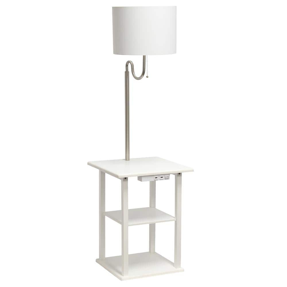 57 in. Modern 2 Tier End Table & White Drum Fabric Shade Floor Lamp with 2 x USB Charging Ports & Power Outlet, White