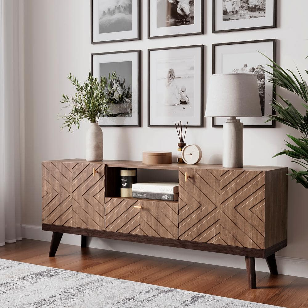 Living Skog  Alba Beige TV Stand Console with Drawer Fits TV's up to 65 in. with Wood Legs Mid Century Modern Design Brown Laminate,MDF Up to 240 lbs