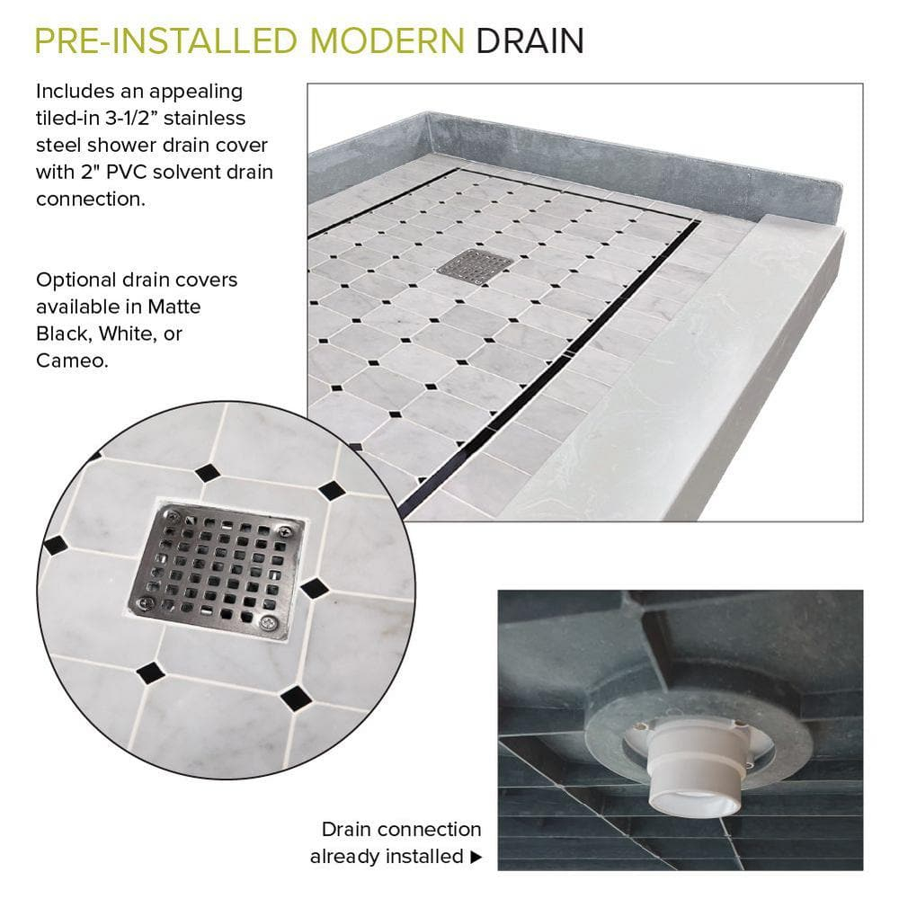White Marble Pre-Tiled 60" x 36" Shower Base with Right-Hand Drain