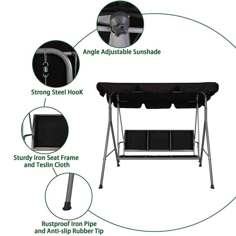 Gray Iron 3-Person Patio Swing with Adjustable Canopy