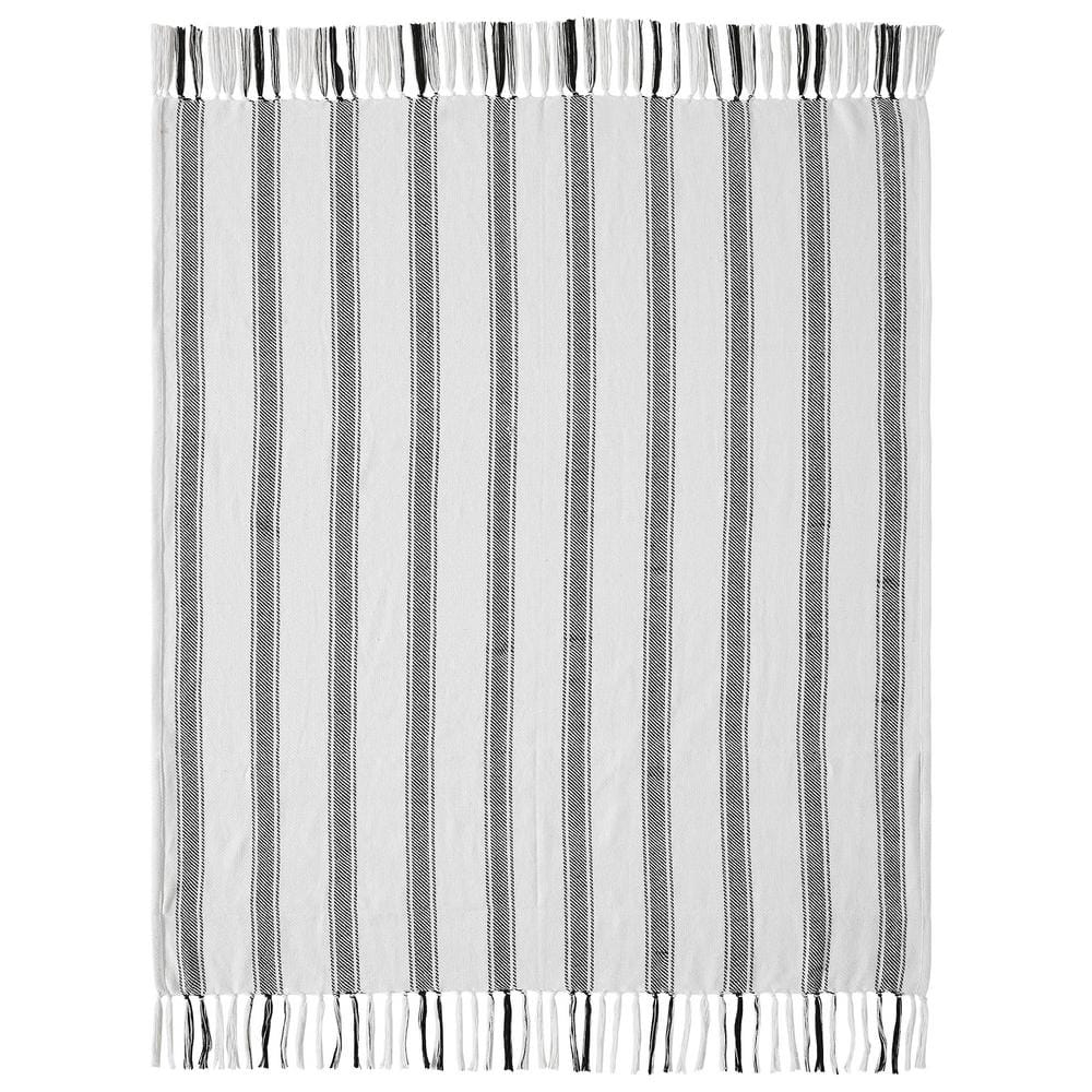 VHC Brands Sawyer Mill Black Ticking Stripe Woven Throw 50x60, Bedroom and Living Room Decor, Blanket, Cotton, Sawyer Mill Black Collection, Rectangle 60x50, Country Black