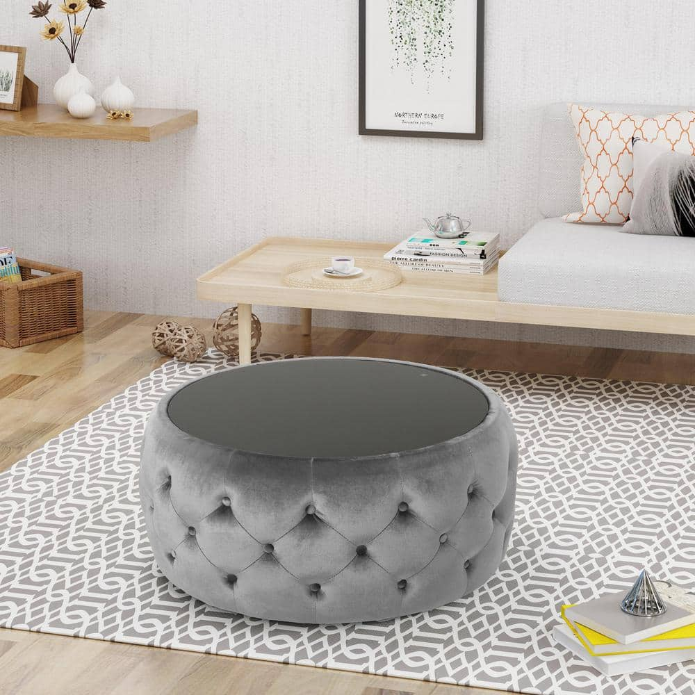 Noble House Merna Glam Velvet and Tempered Glass Ottoman Coffee Table, Smoke