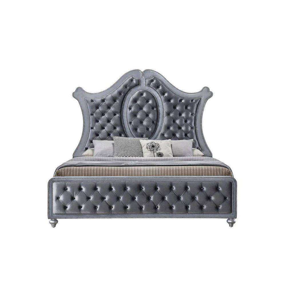 Benjara Rall King Size Bed, Curved Wood Headboard, Tufted Gray Fabric Upholstery