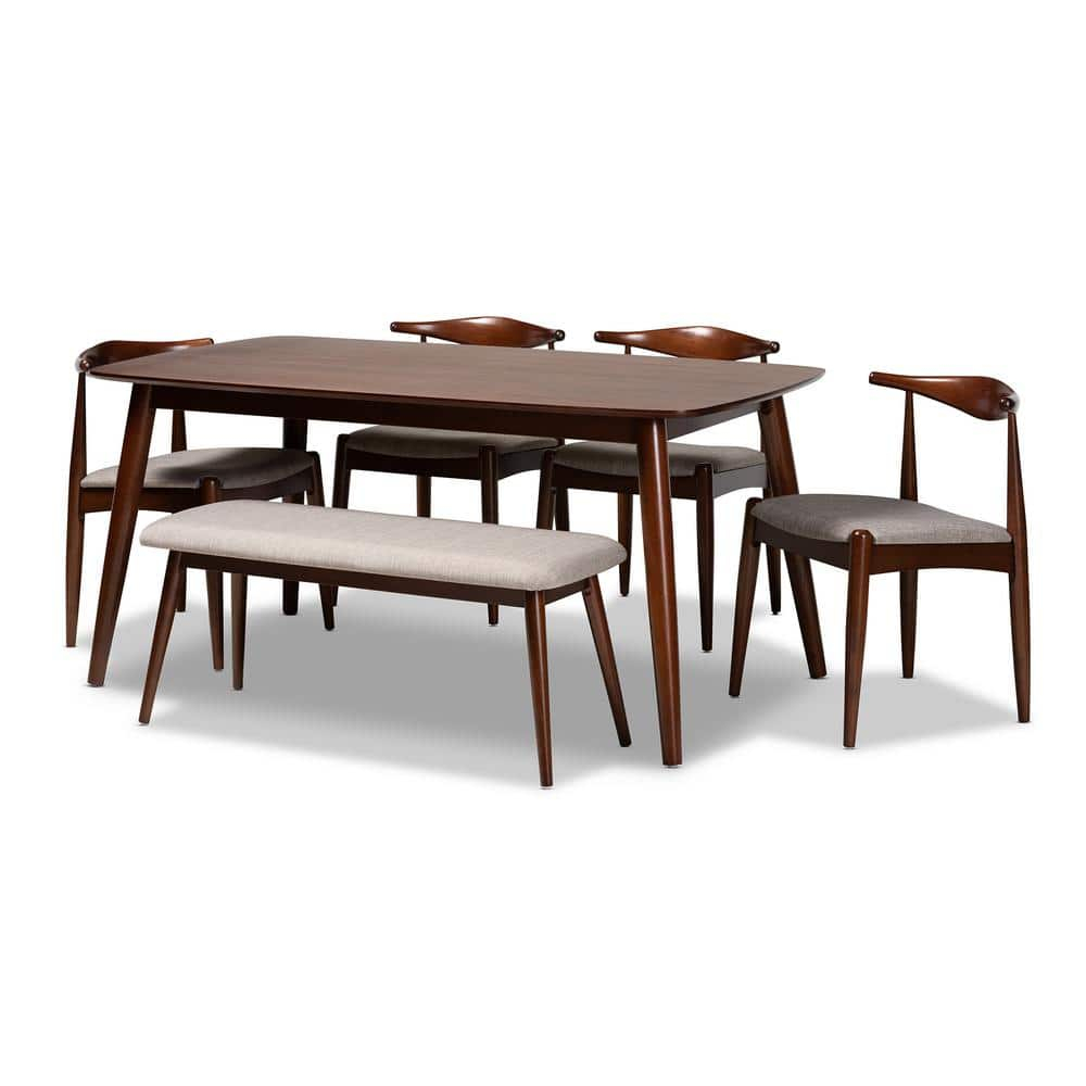 Walnut Brown & Light Gray Mid-Century Modern 6-Piece Dining Set