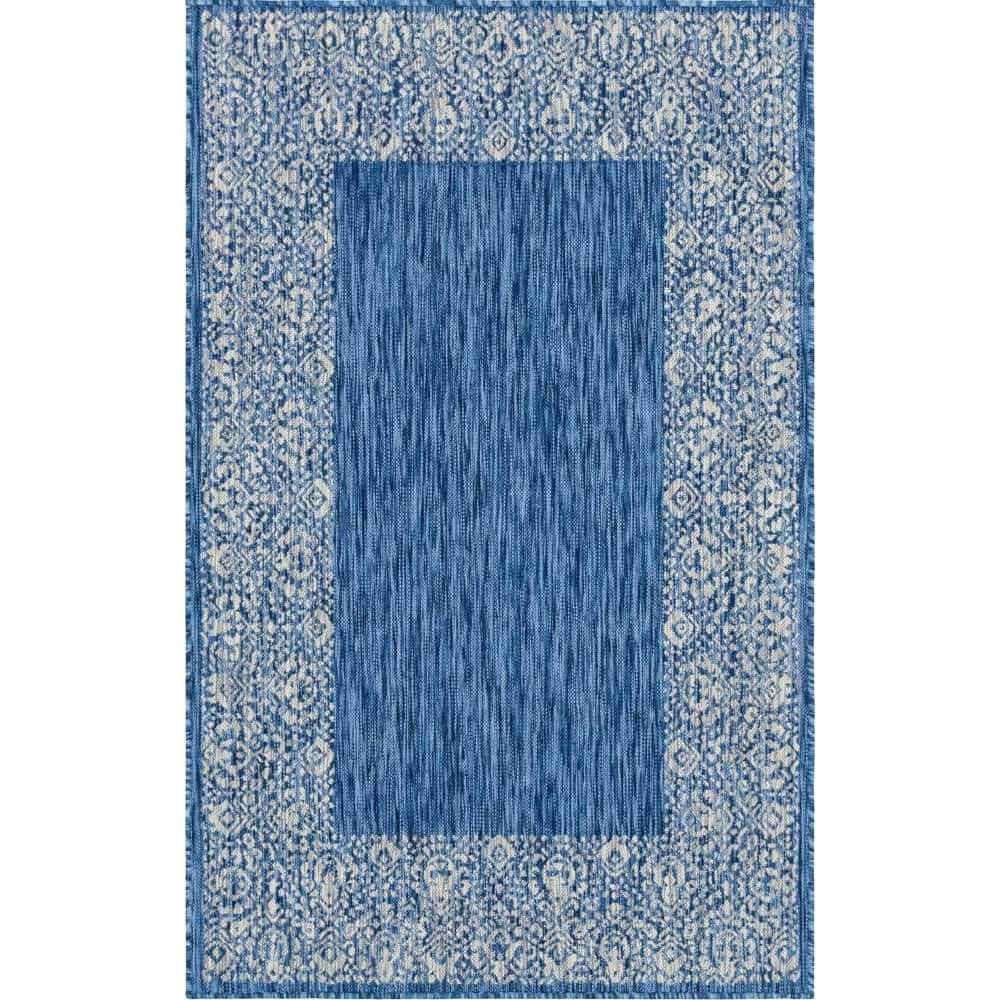 Unique Loom Outdoor Border Collection Area Rug - Floral Border (5' 1" x 8' Rectangle Blue/Ivory)
