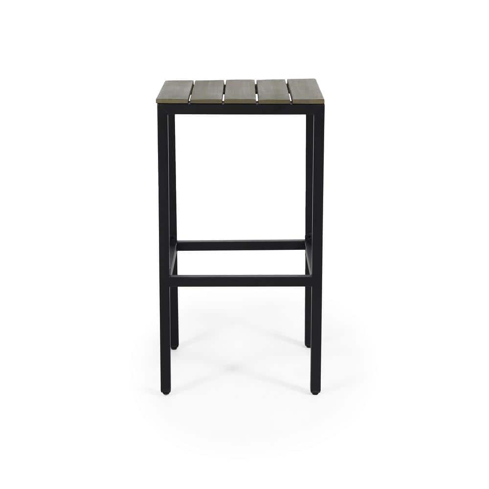 Alan Outdoor Modern Industrial Acacia Wood Bar Stools, Set of 4, Gray, Black