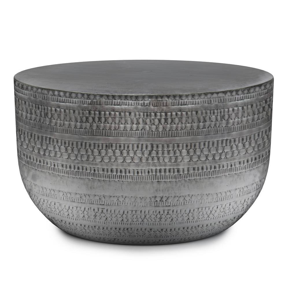 Simpli Home Johnsen Boho 30 in. W Round Metal Coffee Table in Antique Silver, Fully Assembled