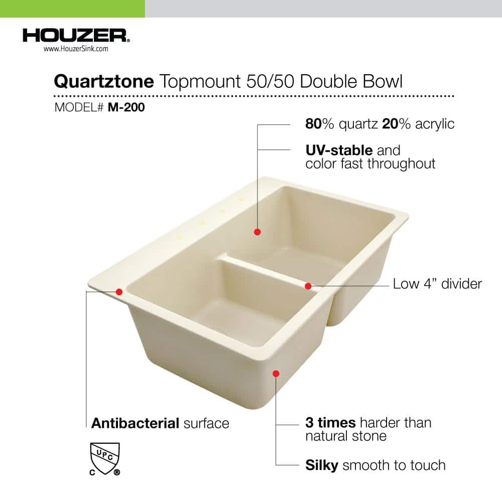 Houzer M-200 CLOUD Quartztone Series Granite Topmount 50/50 Double Bowl Kitchen Sink, White