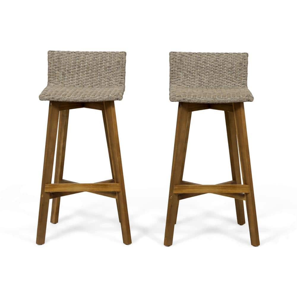 Pico Brea Outdoor Acacia Wood & Wicker Barstools, Set of 2, Light Brown and Teak