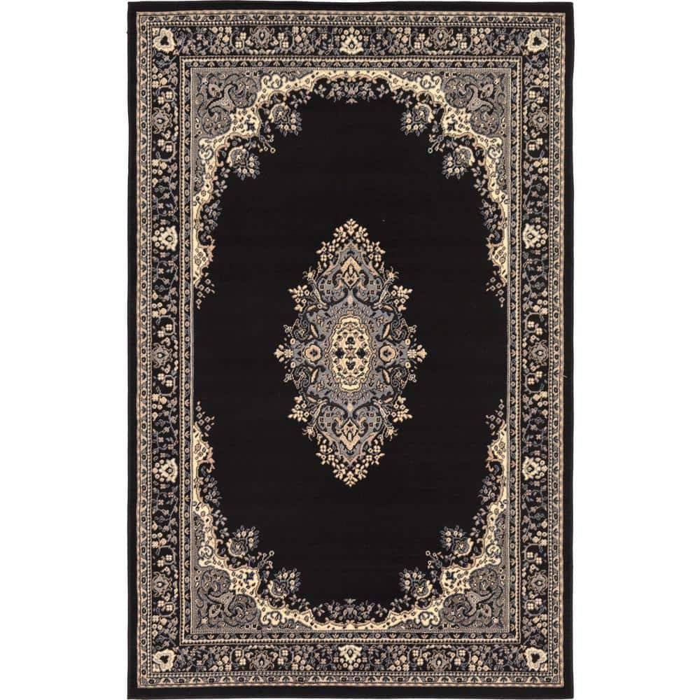 Unique Loom Reza Collection Traditional Persian Style Area Rug, Rectangular 5' 0" x 8' 0", Black/Beige