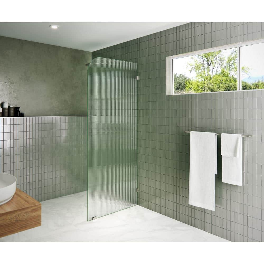 Glass Warehouse  32" x 78" Frameless Shower Door - Single Fixed Panel Fluted Frosted Radius Brushed Nickel 32 Inch - Right Nickel Finish