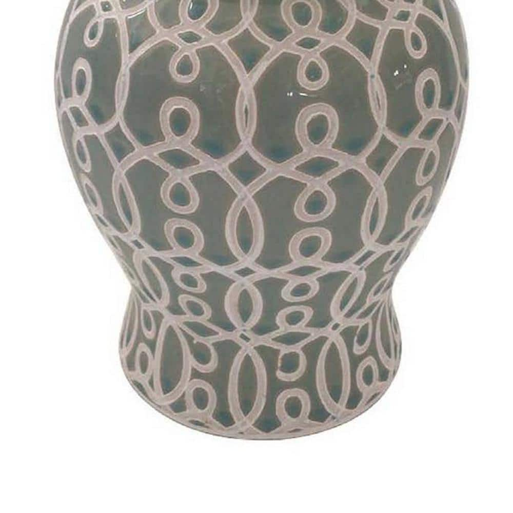 Olive Green Ceramic Temple Jar with Intricate Geometric Pattern