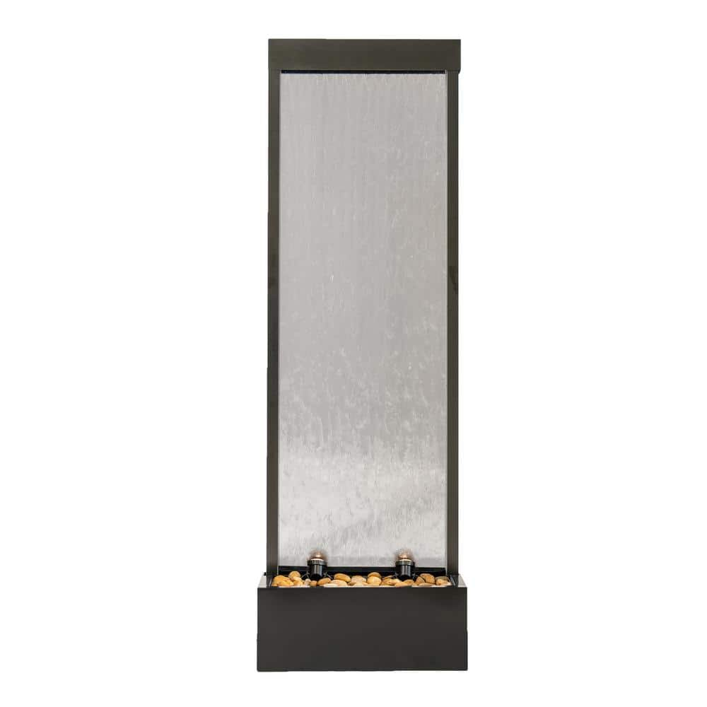 XBrand 68" H Freestanding Modern Indoor/Outdoor Waterfall Fountain w/ Decorative Rocks, LED Lights & Auto-Shut Off Pump, Aluminum/Clear Glass, Black