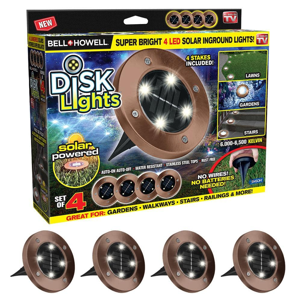 Bell + Howell Disk Lights Bronze – Heavy Duty Outdoor Solar Pathway Lights – 4 LED, Auto On/Off, Water Resistant, with Included Stakes, for Garden, Yard, Patio and Lawn, 4 Pack