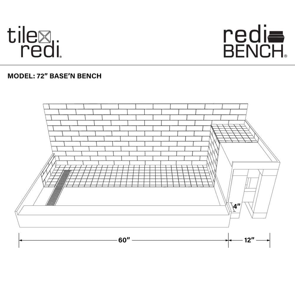 Tile Redi Rt3660l-Rb36-Kit Base'n Bench 72" X 36" Rectangular Shower Base - Grey w/ Matte