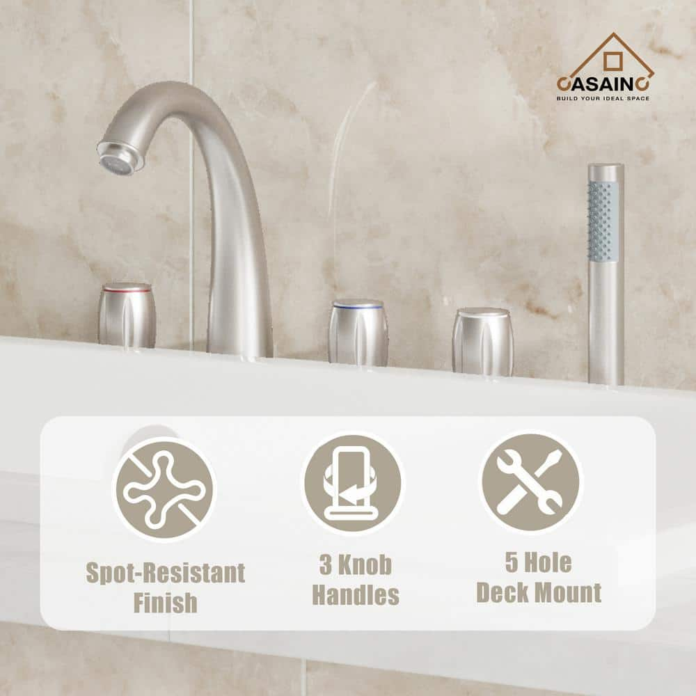 Brushed Nickel 3-Handle Deck Mount Roman Tub Faucet with Hand Shower
