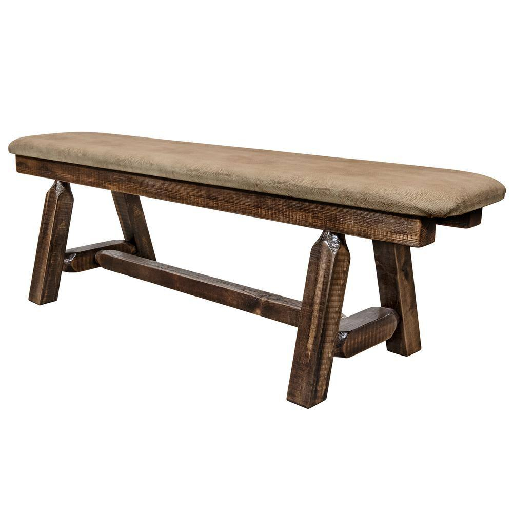 Homestead Collection 18 in. H Brown Wooden Bench with Buckskin Pattern Upholstered Seat, 5 ft. Length