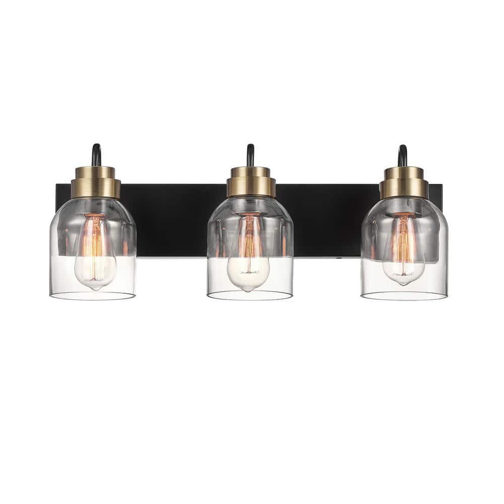 22 in. 3-Light Matte Black Vanity Light with Matte Brass Accents and Glass Shades