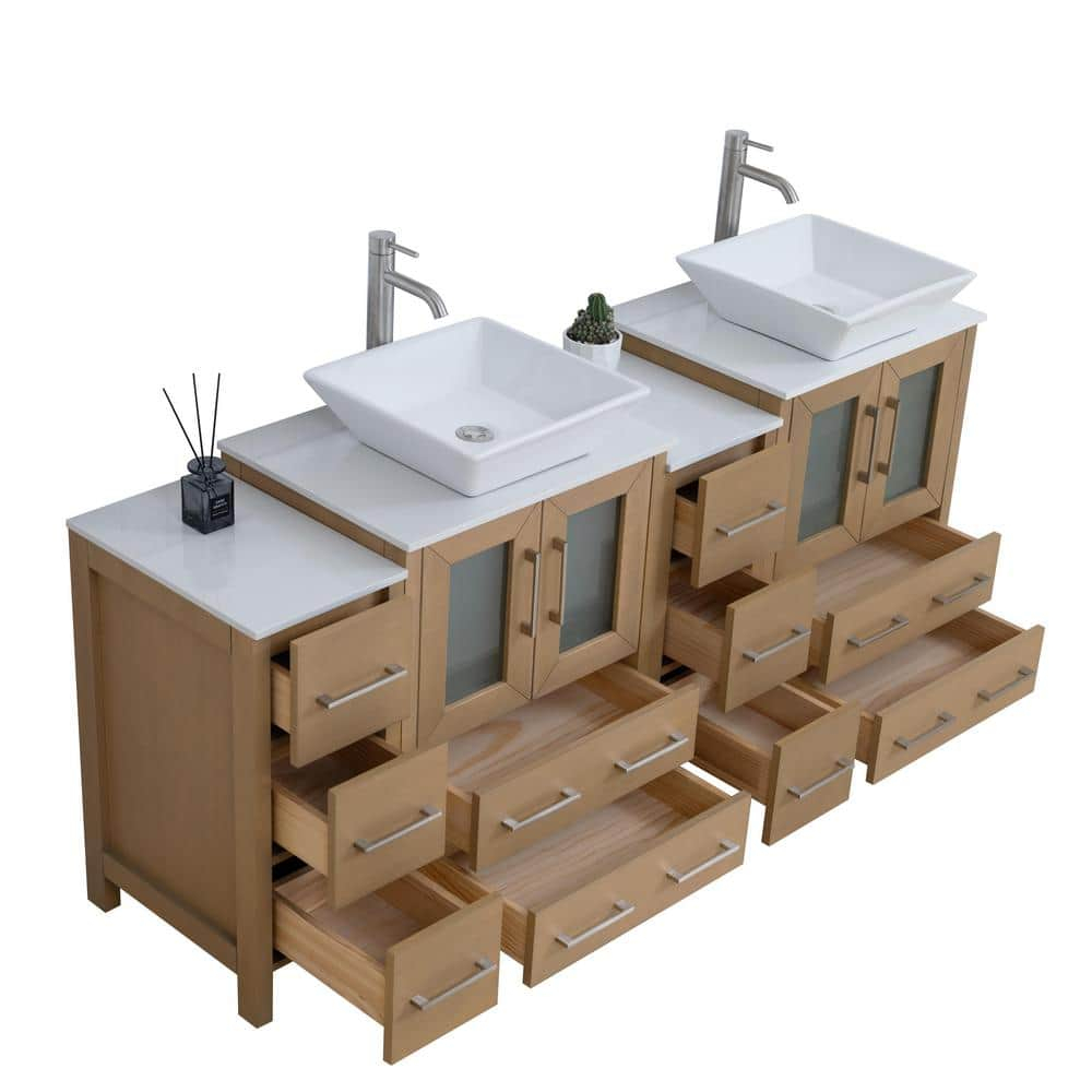 Vanity Art 72" Double Sink Freestanding Bathroom Vanity Set with Engineered Marble Top and Mirror
